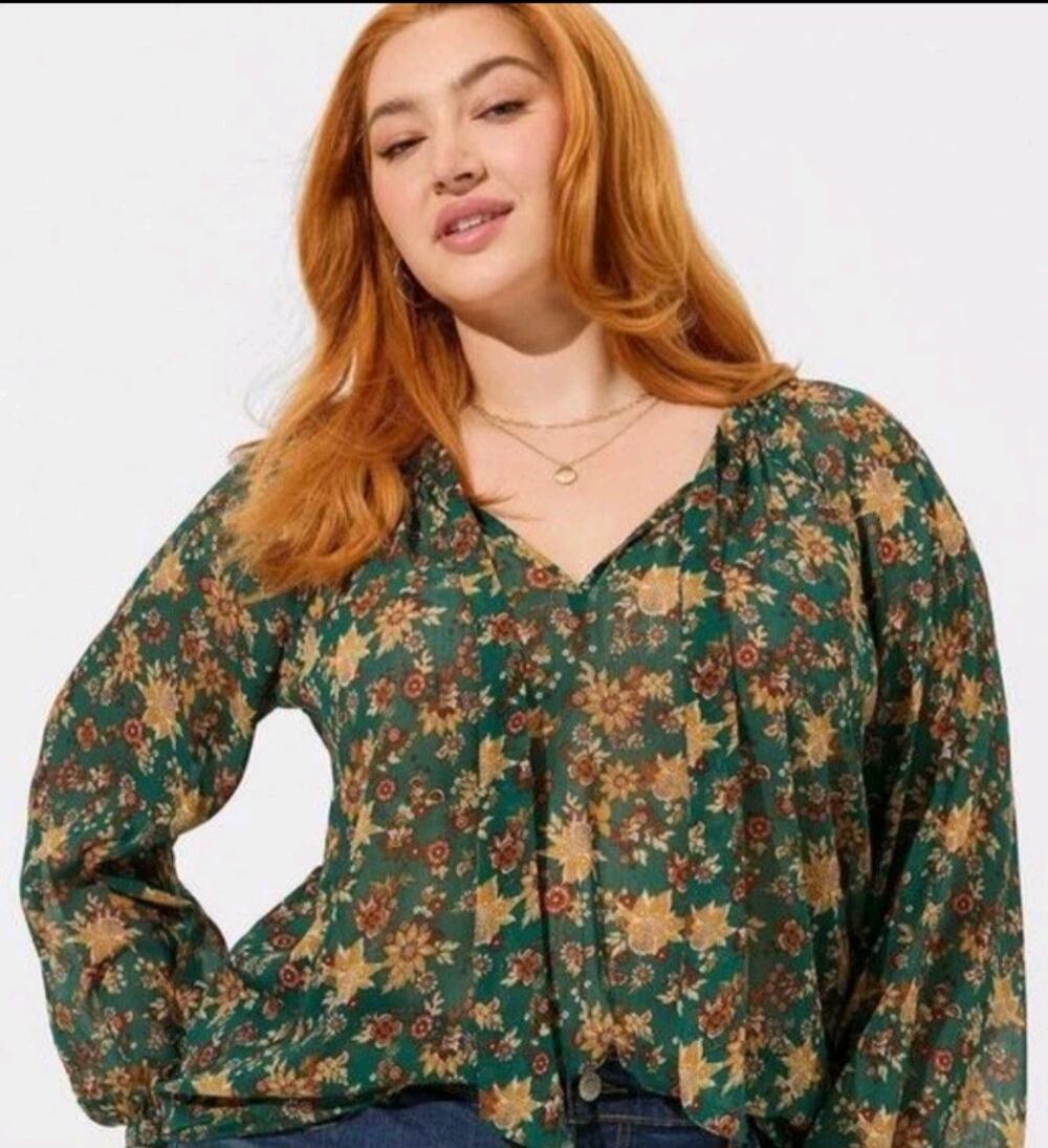 Torrid Womens Green Floral Sheer Chiffon Long Sleeve Tie Front Blouse 5X